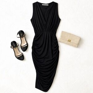 Seven Sisters Black Ruched Dress Small | Sleeveless V-Neck Bodycon Minimalist